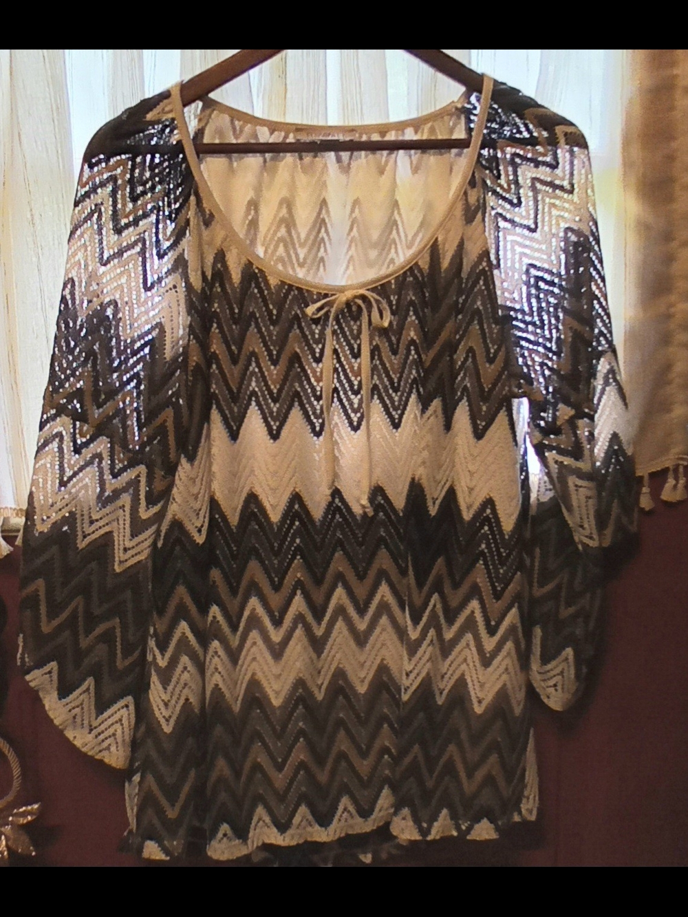 Roz & Ali Black and Cream Zigzag Sheer Knit Tunic